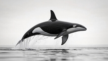 Obraz premium The monochrome image shows an orca leaping, its sleek body arching above the water.