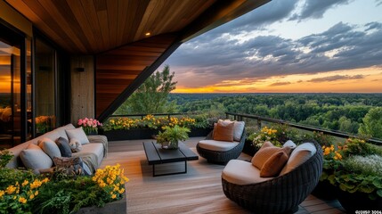 Modern penthouse terrace at sunset overlooking forest