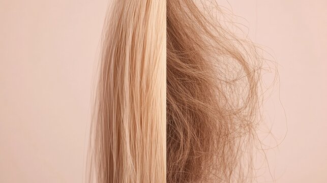 Comparison of healthy smooth hair strand and brittle damaged hair strand highlighting differences in texture and appearance. Generative AI