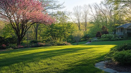 Obraz premium Springtime home surrounded by lush greenery and blooming trees, embodying serene natural beauty.