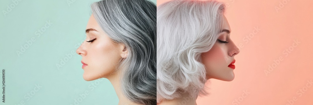 Aufkleber transforming gray hair to vibrant color with contrast showcasing a stunning transition in style and 