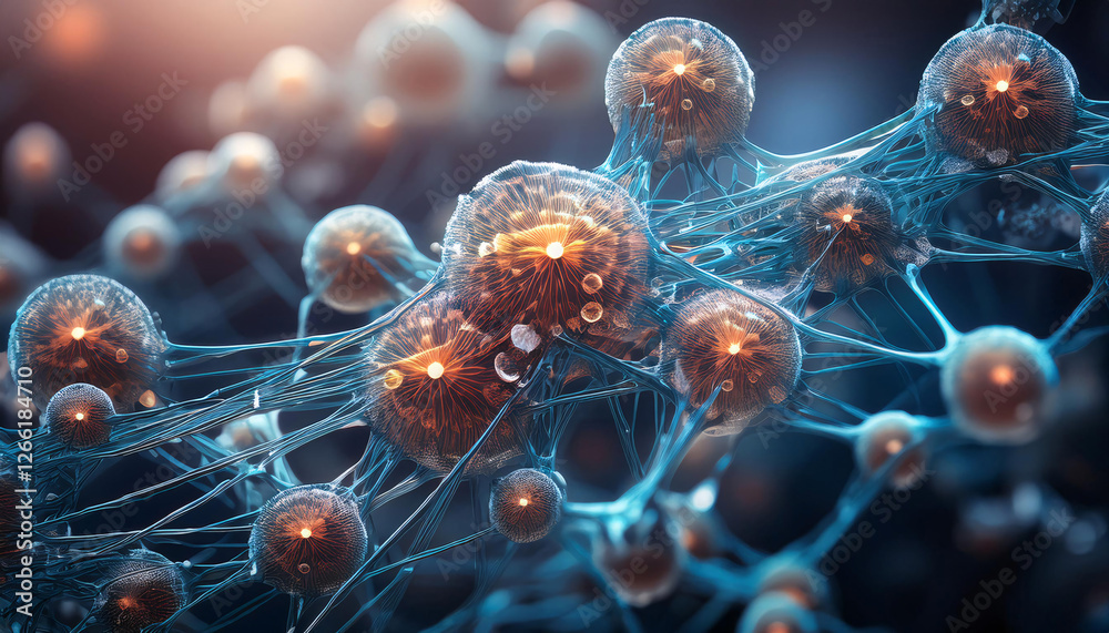 Poster A complex network of interconnected spheres and lines, representing a neural network or a molecule. Generative AI.