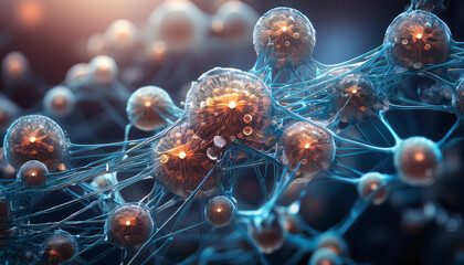 A complex network of interconnected spheres and lines, representing a neural network or a molecule. Generative AI.