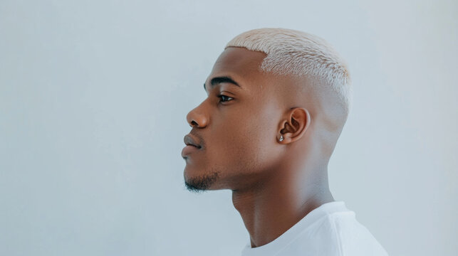 young man with bleached blonde buzz cut poses against light background, showcasing modern hairstyle and confident expression