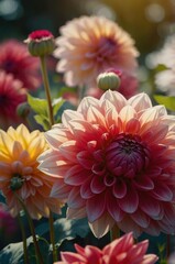 A vibrant display of blooming dahlias in various colors, showcasing nature's beauty.