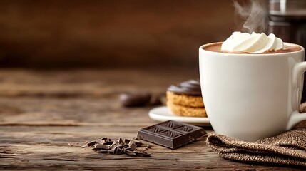 Cozy hot chocolate with whipped cream, chocolate pieces, and cookies on a rustic wooden table
