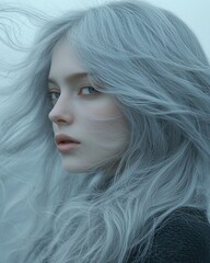Young woman with long silver hair gazing with wind in background for beauty product