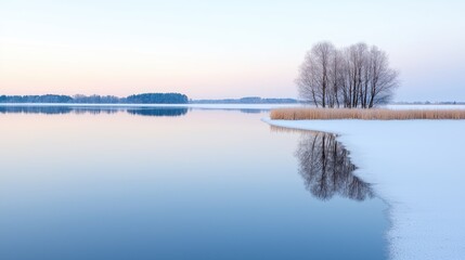 Fototapeta premium Peaceful winter lake sunrise reflection, tranquil landscape