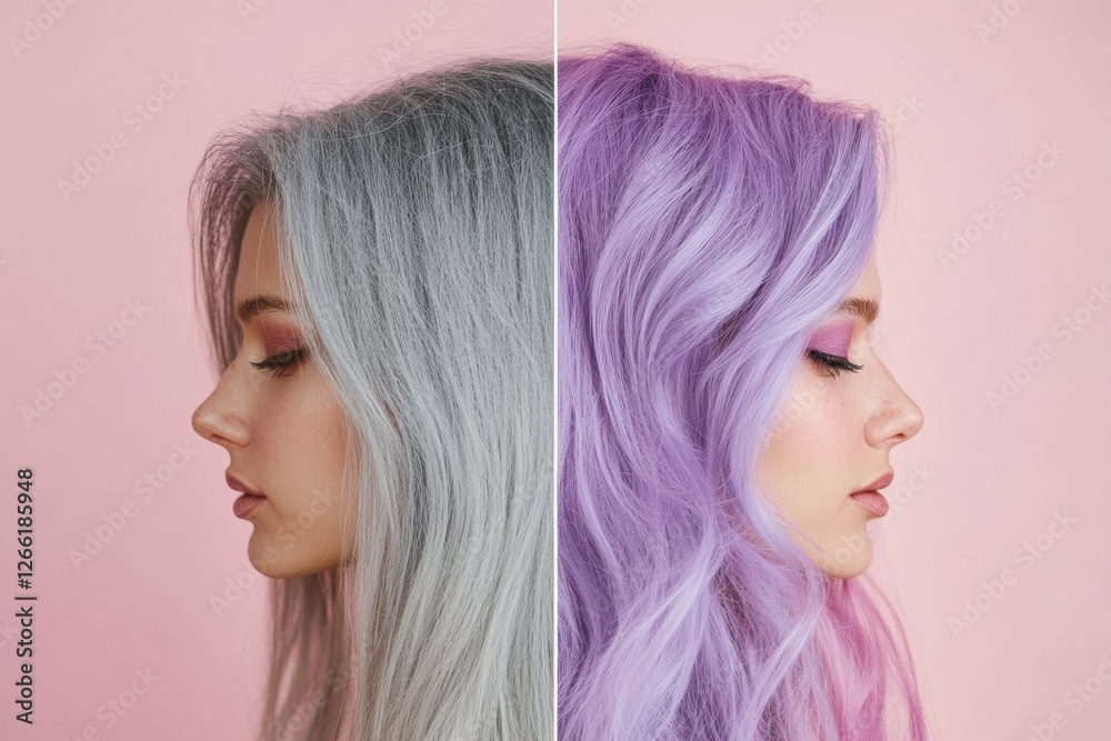 Poster comparison of gray hair transitioning to vibrant purple hair with clear text space for additional in