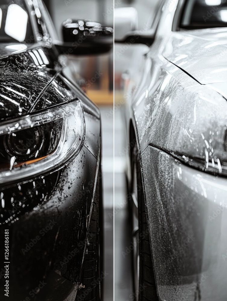 Poster Contrasting views of a scratched dirty car and a shiny polished vehicle highlighting the importance of regular maintenance. Generative AI