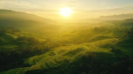 Fototapeta premium Sunrise Illuminates Lush Green Rice Terraces Mountains