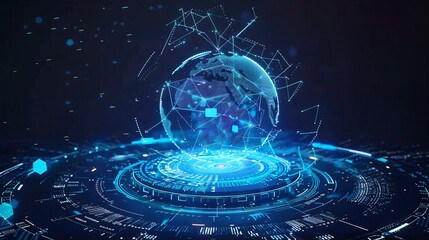 The Magical fantasy portal technology concept of a blue earth globe floats above the glowing blue high-tech portal made of glowing blue circuits, polygonal, holographic concept