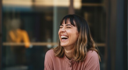 A woman with brown hair is smiling and laughing