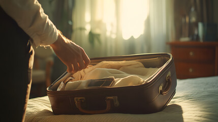 Person Packing Clothing into Vintage Suitcase