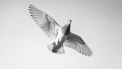 Obraz premium A pigeon flies forward. Its wings spread wide, captured in a moment of graceful flight.