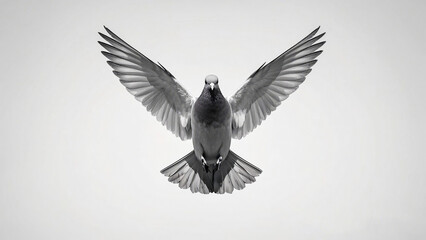 A pigeon flies forward. its wings spread wide, captured in a moment of graceful flight.
