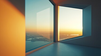 Panoramic cityscape view from a modern high-rise window at golden hour