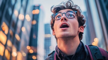 amazed young man looking up in city