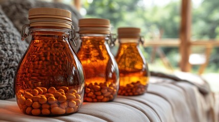 Amber Glass Jars with Orange Pills on a Sofa Outdoors