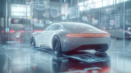 In a closeup perspective the selfdriving vehicle is seen surrounded by floating holographic icons of encrypted data streams and firewall symbols. These elements form an interactive