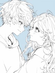 Fototapeta premium two anime characters in love, a blonde-haired male and female, expressing affection and connection.
