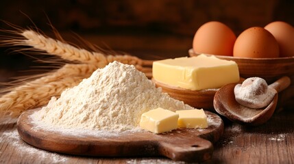 Fototapeta premium baking ingredients with flour, butter, eggs, and milk on a wooden table