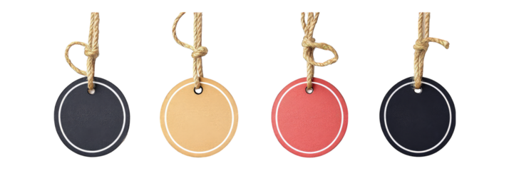 Collection of colored Stylish circular round tag hanging from a knotted rope isolated on transparent background