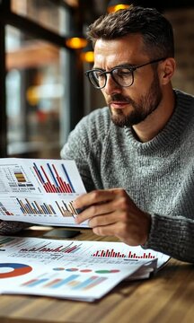 Focused man analyzing financial reports in a cozy caf? with charts and graphs scattered on the table