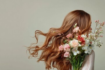 Naklejka premium Woman in soft sweater with flowing hair holding colorful flowers against a neutral background in a serene setting. Generative AI