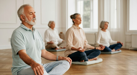 A group of people are sitting in a room and meditating