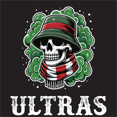 illustration vector graphic of Football fans ultras hooligan Skull wear red white football scarf design for logo, t-shirt, etc