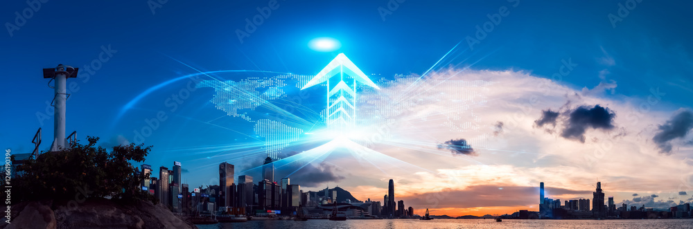 Poster double exposure concept representing growing up in hong kong, featuring city skyline and a bright up