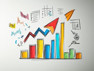 Hand-Drawn Business Growth Chart with Upward Arrow and Data Elements