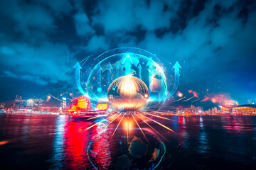 Hong Kong city concept with double exposure effect showing growth. Upward arrows and sphere overlay vibrant night skyline reflected in water.