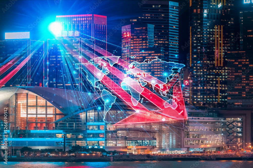 Poster Hong Kong cityscape with a double exposure effect showing a world map and arrows pointing up, representing a concept of growing urban development.
