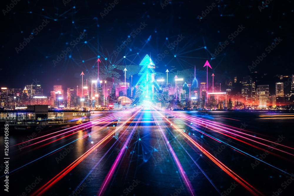 Fototapete hong kong cityscape with double exposure effect showing concept of growing up. bright lights and fut