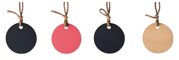 Collection of colored Stylish circular round tag hanging from a knotted rope isolated on transparent background