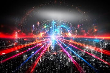 Hong Kong cityscape with double exposure effect shows city lights and glowing arrows growing up. Conceptual representation of urban growth and digital progress.