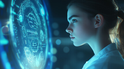 AI therapy health care hologram board. Medical AI machine learning augmented virtual reality Big data concept. Young female scientist analysing 3D medical data. Female doctor analysing 3D health data.