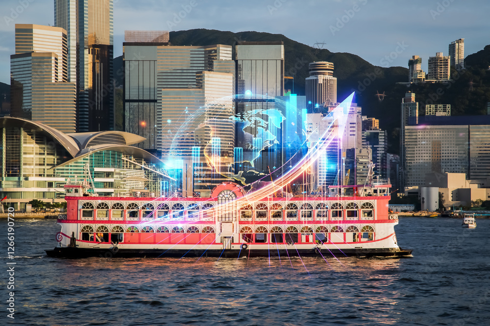 Poster hong kong concept of growing up, using double exposure with a boat in the foreground and city skylin