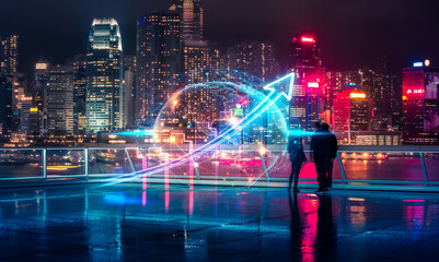 Hong Kong concept of growing up. Double exposure cityscape with glowing arrow pointing up. Two figures observe the futuristic skyline.