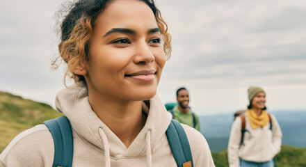 Obraz premium A smiling woman with a backpack and a hat on her head