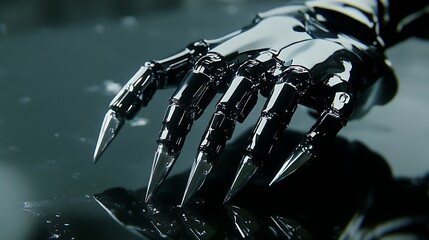 Closeup view of a metallic robotic hand resting on a dark reflective surface, detailed textures and sharp metallic claws are visible, the background is blurred and dark, creating a dramatic and moody