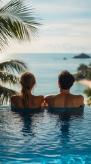 Couple relaxing in infinity pool overlooking ocean (1)