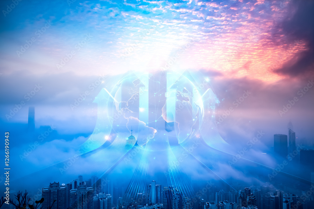 Poster double exposure concept showcases growing up in hong kong. upward arrows and globe overlay cityscape