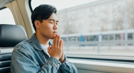 Fototapeta premium A man is praying in a train car