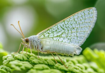 Obraz premium White Moth With Green Veined Wings Resting On A Leaf