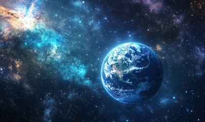 Obraz premium A vibrant view of Earth surrounded by a cosmic backdrop of stars and galaxies.