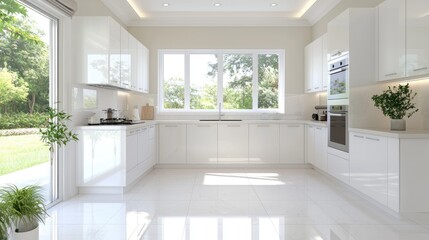 Fototapeta premium Modern White Kitchen with Backyard View. Possible Stock Photo Use