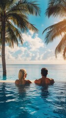 Couple relaxing in infinity pool, ocean view, tropical paradise, sunset